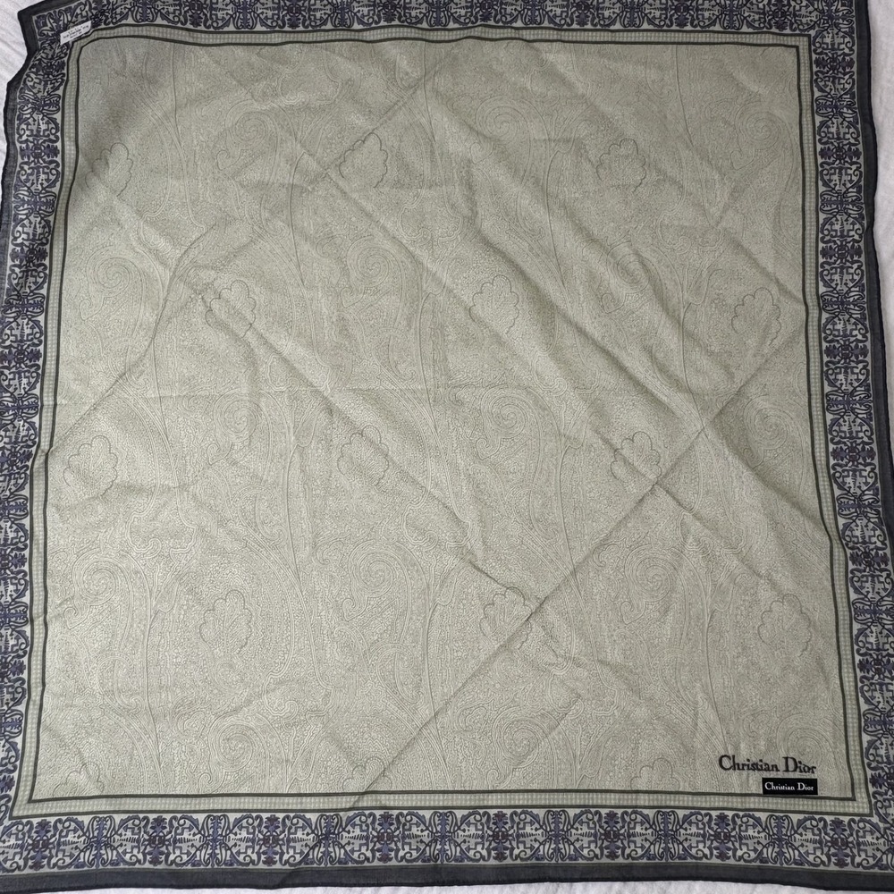 Christian Dior Scarf Handkerchief Paisley Cotton Green Grey Logo Border 19"